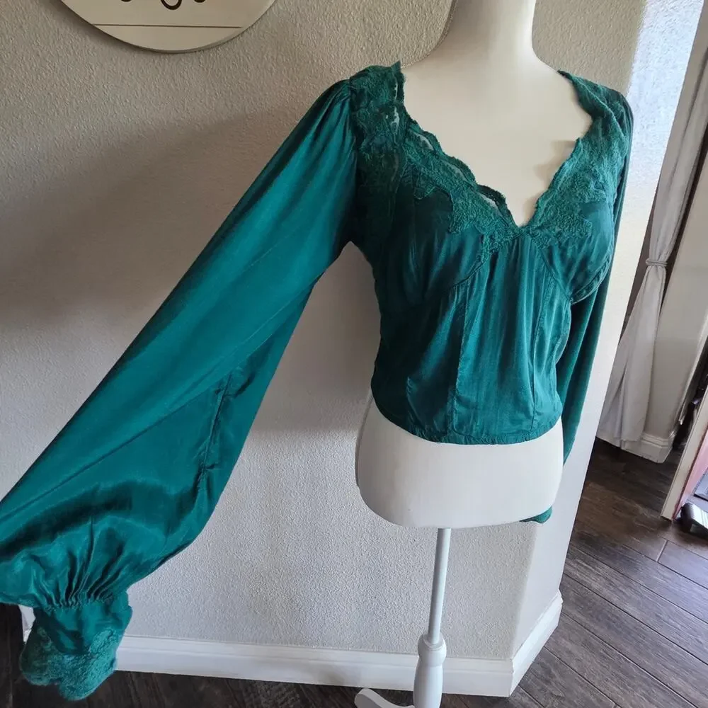 #498 Free People Teal Knit Top with Lace Detail